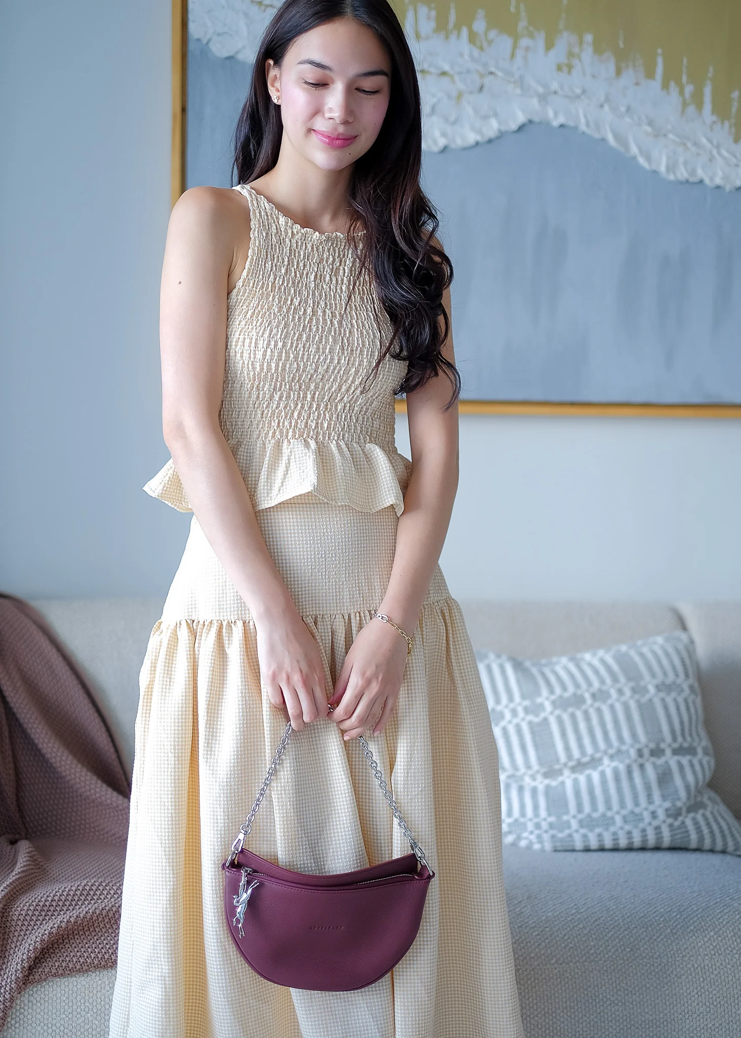 Amara Smocked Coord – Ivory beige gingham - Image 3