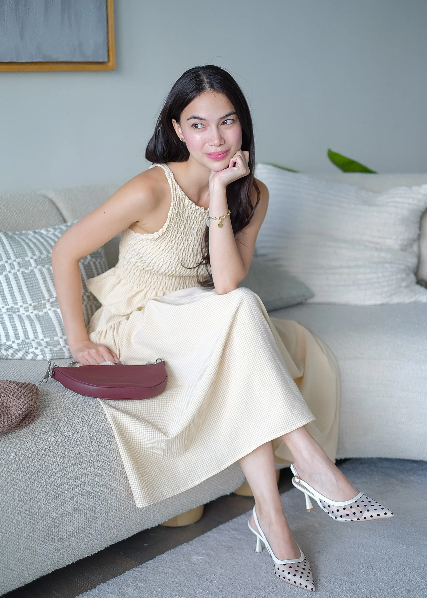 Amara Smocked Coord – Ivory beige gingham - Image 5