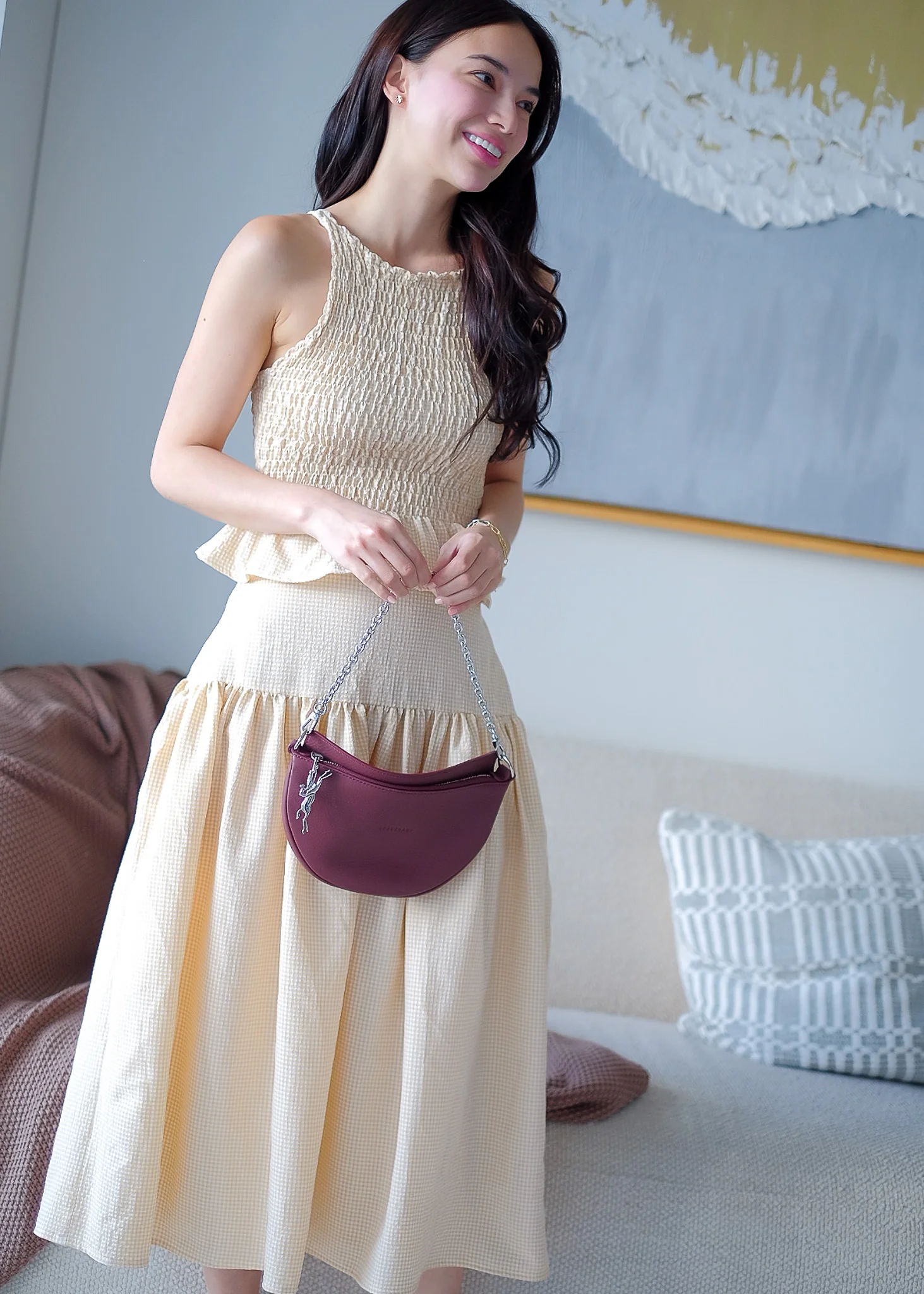 Amara Smocked Coord – Ivory beige gingham - Image 6