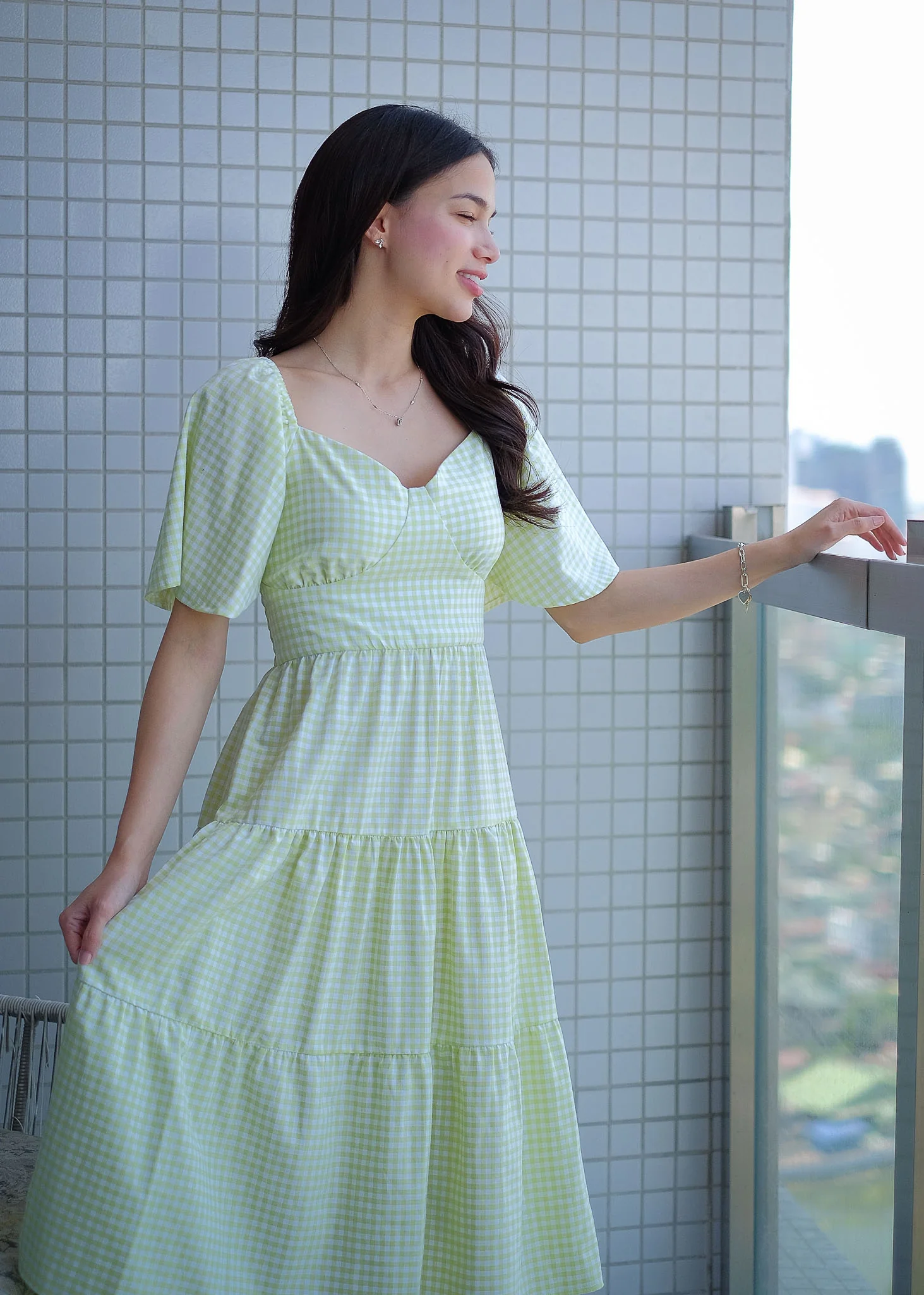 Barbara Midi Dress - checkered apple green - Image 3