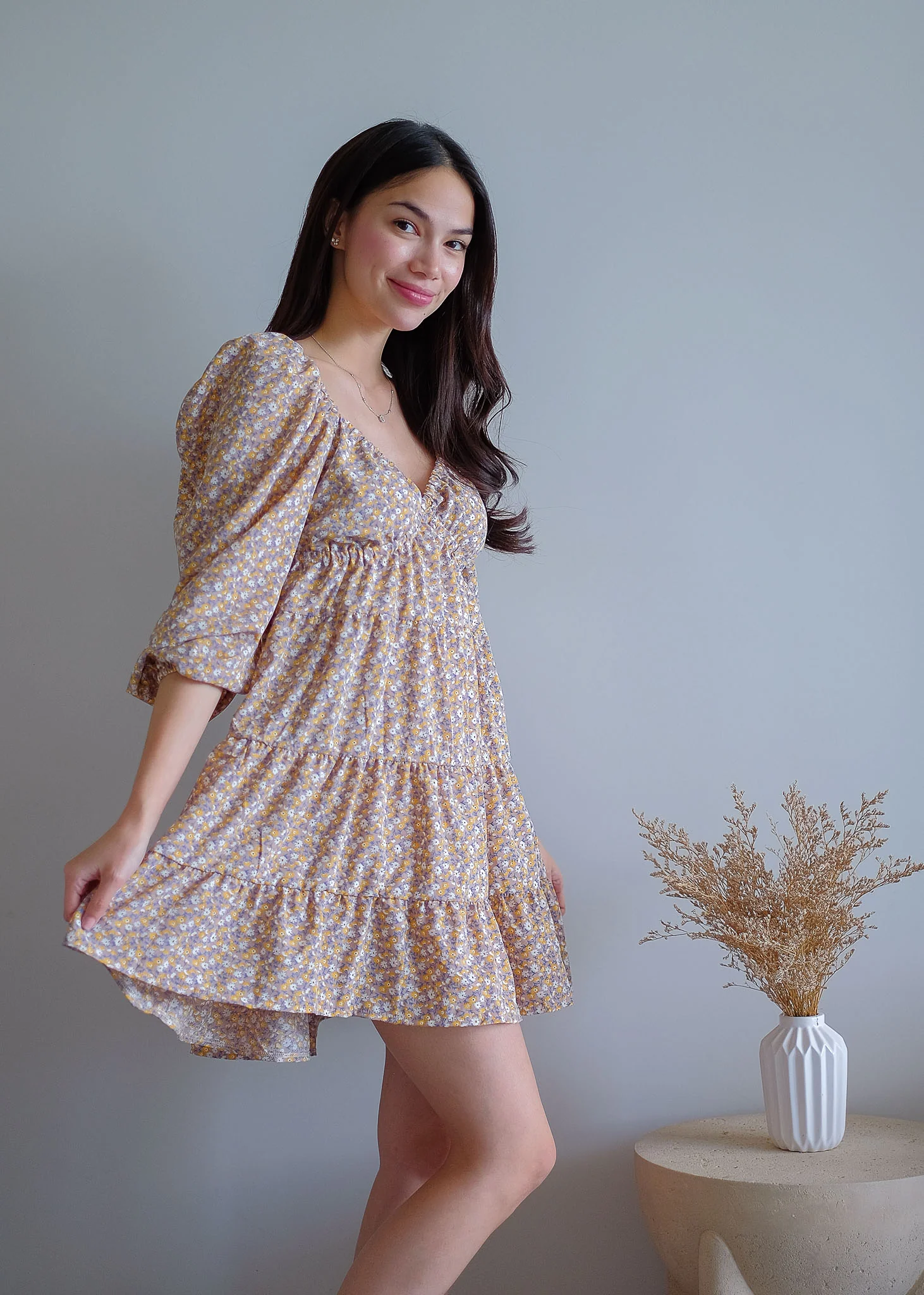 Caroline baby doll dress - beige ditsy floral - Image 2