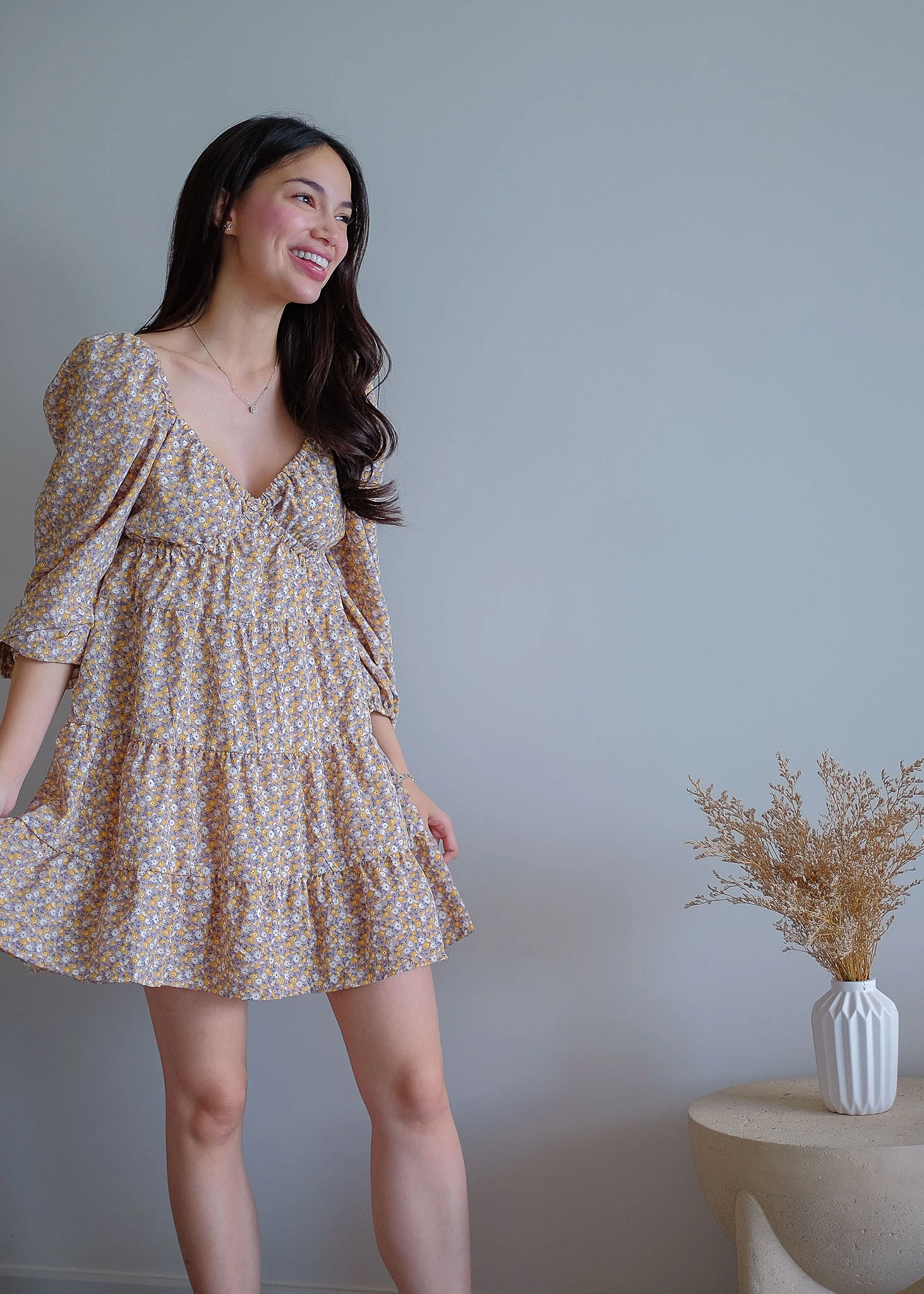 Caroline baby doll dress - beige ditsy floral - Image 3