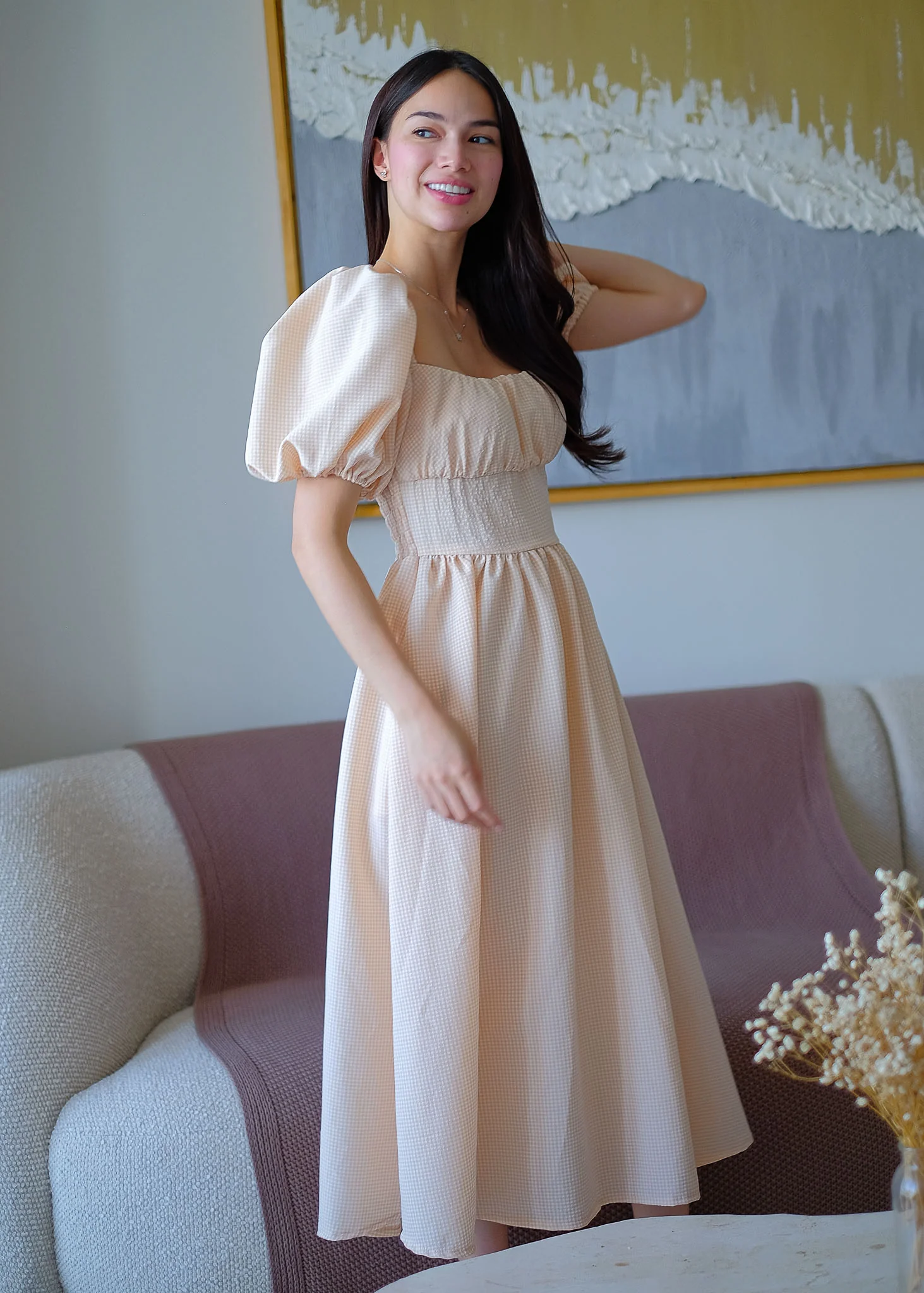 Monica Midi Dress – Ivory beige Gingham - Image 3