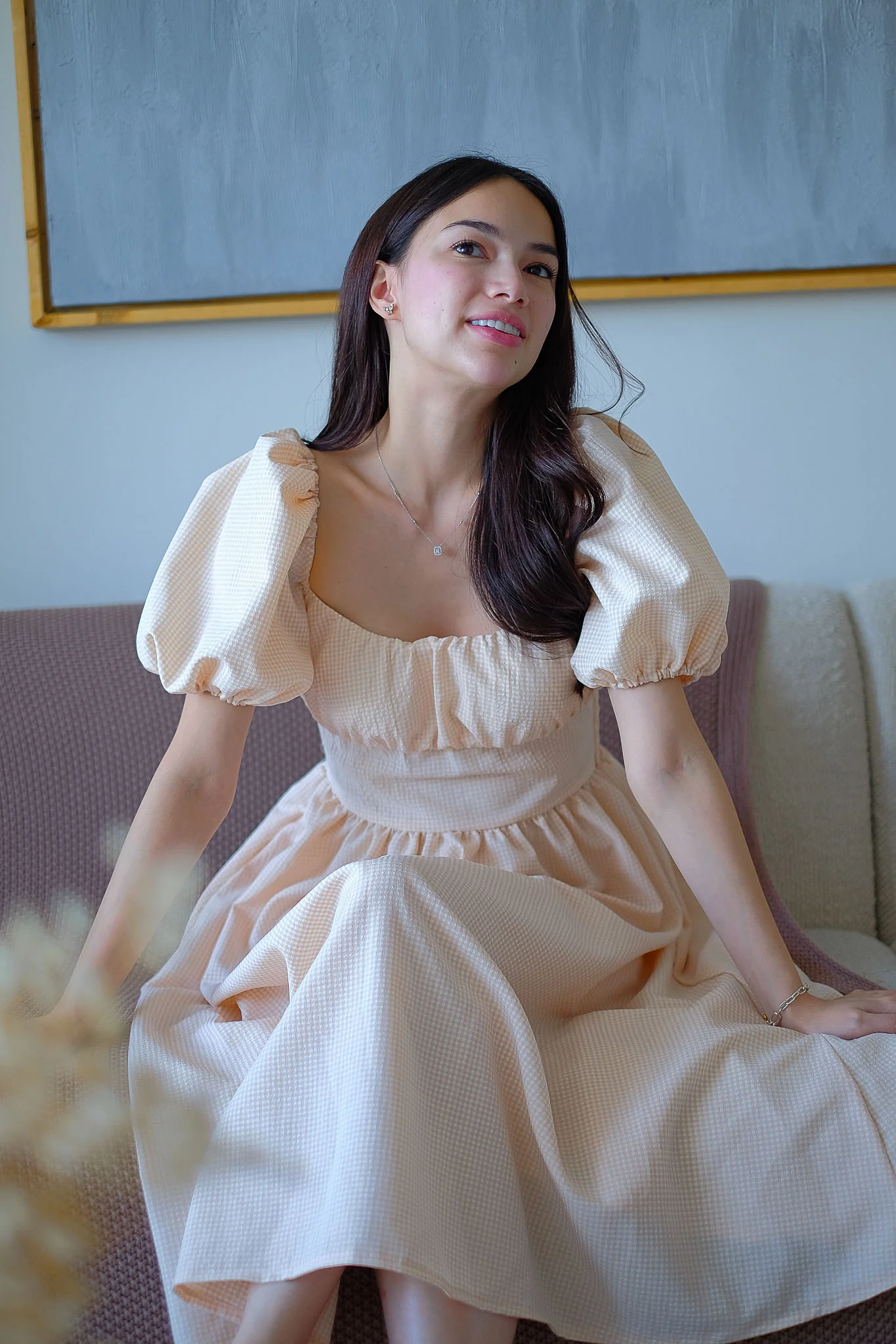 Monica Midi Dress – Ivory beige Gingham - Image 4