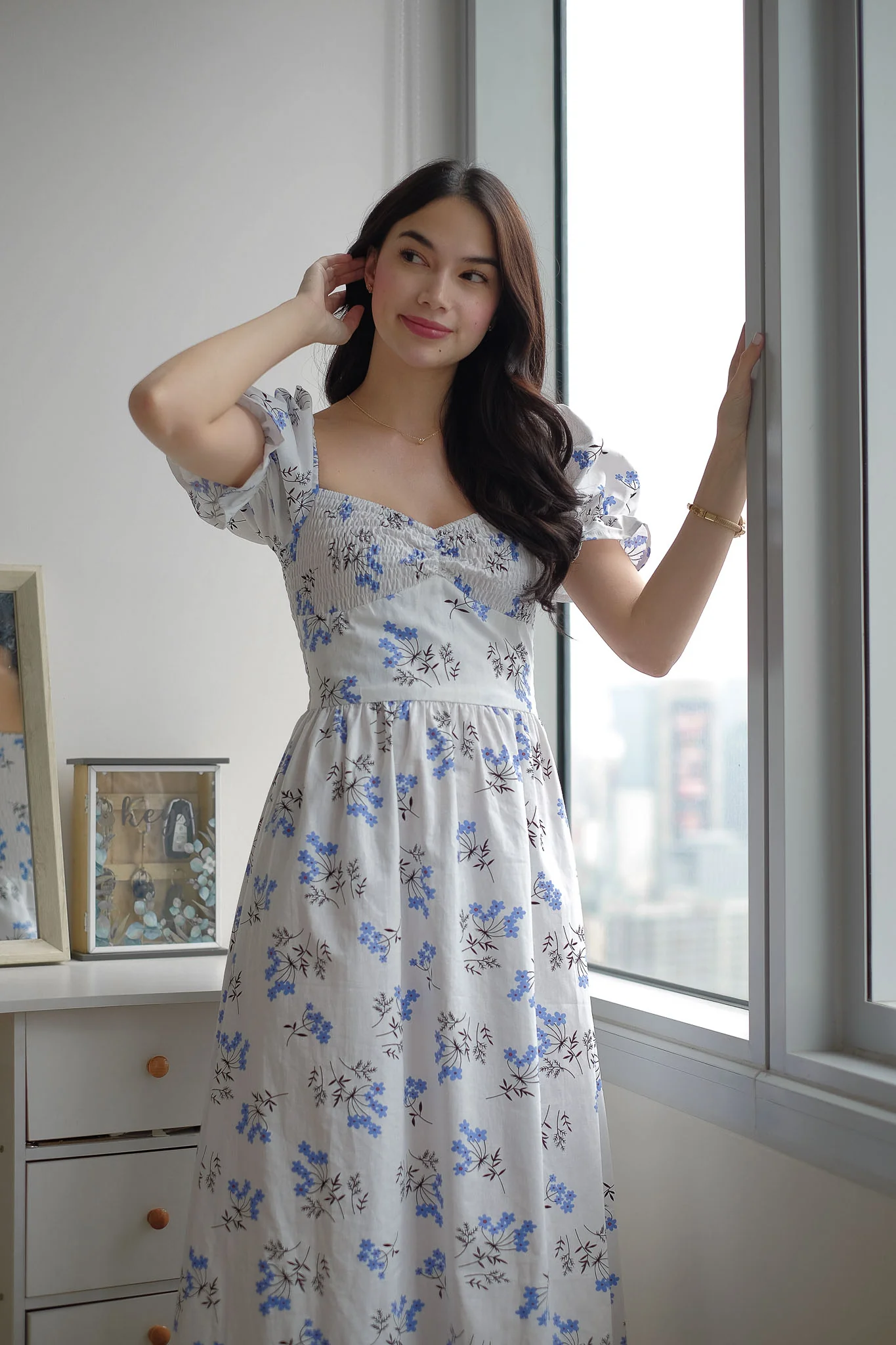 Olivia Midi Dress - white w/ floral print