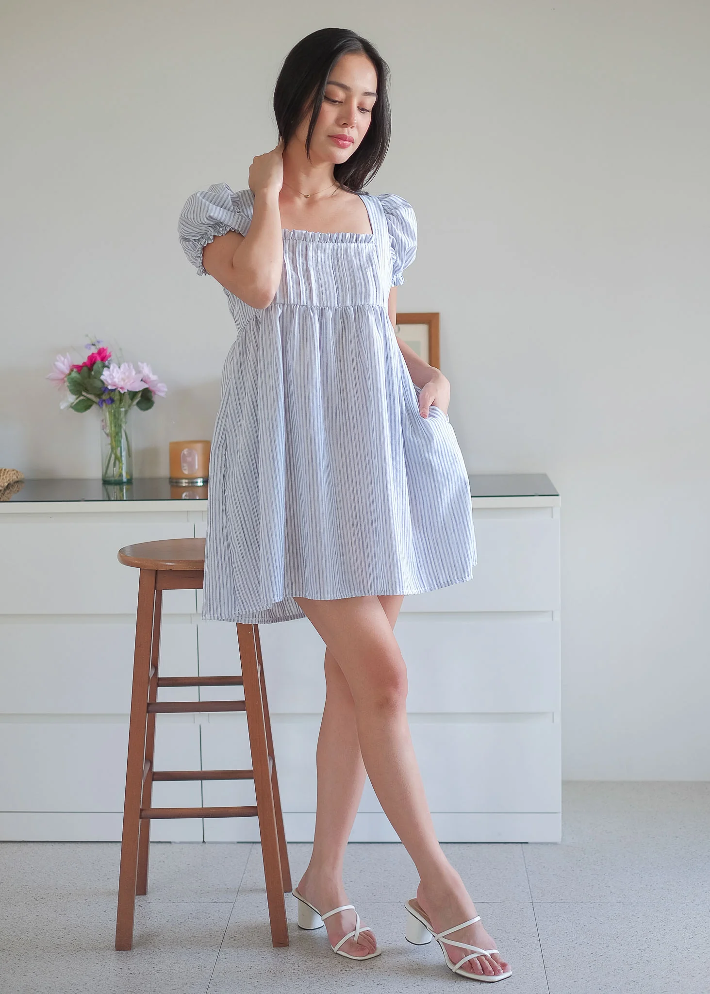The Clara babydoll dress - soft blue vertical pinstripe - Image 3