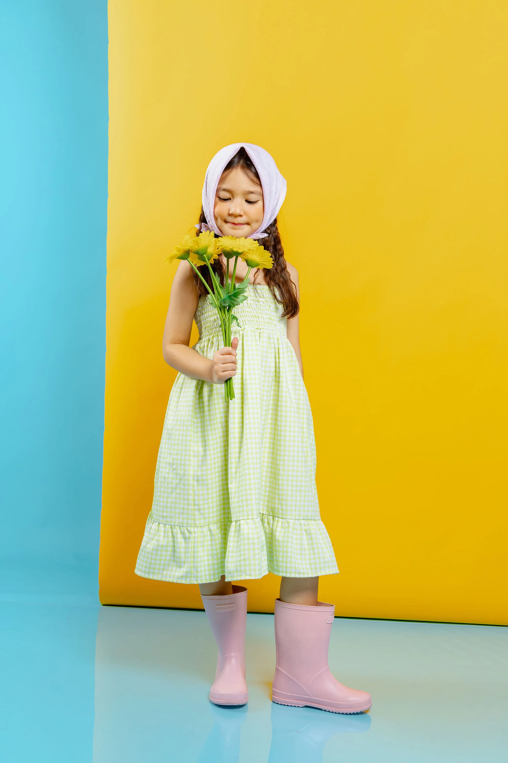 The Tropical dress - gingham apple green with free assorted bandana - Image 6